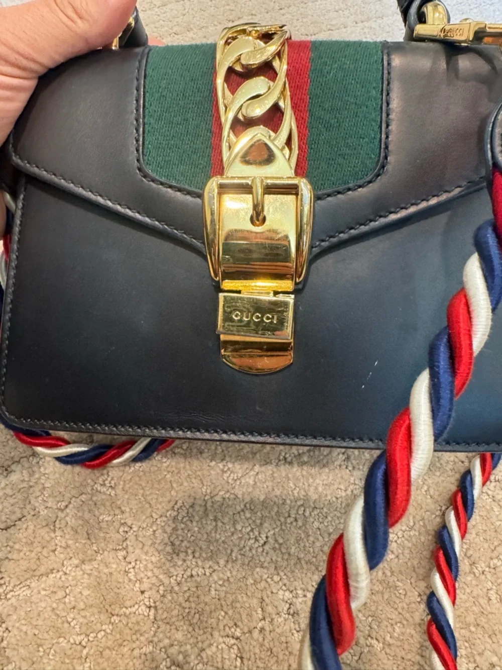 Gucci Black Leather Mini Top-Handle Bag with Green & Red Stripe - Picture 6 of 13